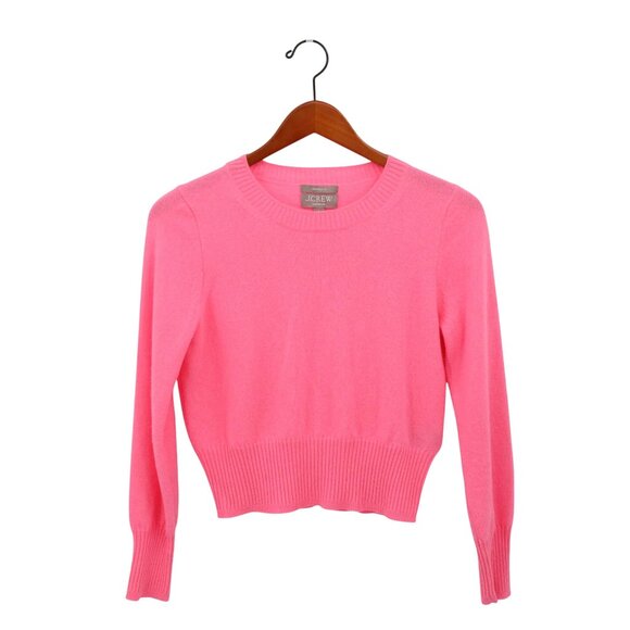 J. Crew Cashmere Shrunken Crewneck Bright Pink Cropped Fit Pullover Sweater XS - Picture 2 of 5